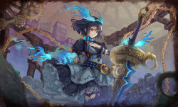 Rule 34 | 1girl, alice (sinoalice), asukayou, belt, blue fire, blue hair, breasts, building, chain, cleavage, collar, dress, dress shirt, fire, gears, gem, highres, looking at viewer, outdoors, red eyes, roman numeral, shirt, short hair, sinoalice, skirt, smoke, socks, solo, sword, thighhighs, weapon
