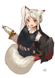 Rule 34 | 1girl, absurdres, animal ears, arm up, belt, black dress, black jacket, breasts, dress, fox ears, fox tail, hair ornament, hairclip, highres, huge weapon, jacket, jacket partially removed, looking at viewer, medium breasts, open mouth, original, red eyes, sharp teeth, shirt, short hair, slit pupils, smile, solo, sword, tail, teeth, weapon, white background, white hair, white shirt, yunimaru