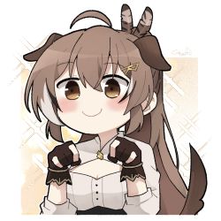 Rule 34 | 1girl, ahoge, animal ears, blush, brown eyes, brown hair, c:, cleavage cutout, clothing cutout, dog ears, dog tail, feather hair ornament, feathers, gloves, gyaheung, hair ornament, hairclip, hololive, hololive english, long hair, multicolored hair, nanashi mumei, partially fingerless gloves, paw pose, ponytail, shirt, simple background, smile, sparkle background, streaked hair, tail, very long hair, virtual youtuber, white shirt