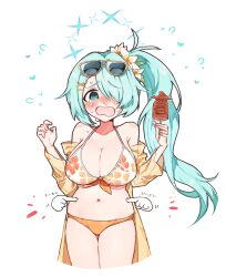 1girl aqua_hair bikini blue_archive blush breasts cleavage commentary_request crying crying_with_eyes_open disembodied_hand eeeeekyawaiii eyewear_on_head floral_print flying_sweatdrops food fried_squid frown green_eyes hair_over_one_eye highres hiyori_(blue_archive) hiyori_(swimsuit)_(blue_archive) holding holding_food holding_stick large_breasts long_hair long_sleeves looking_at_viewer nose_blush open_mouth poking_belly shirt side_ponytail solo stick sunglasses swimsuit tears yellow_shirt