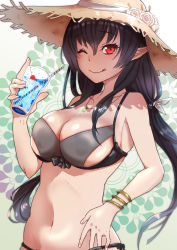 Rule 34 | 1girl, bikini, black hair, bracelet, breasts, cleavage, drinking straw, hat, jewelry, licking lips, long hair, looking at viewer, navel, necklace, one eye closed, original, pointy ears, red eyes, sizuori, smile, solo, stomach, straw hat, swimsuit, tongue, tongue out, twintails