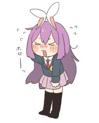 Rule 34 | &gt; &lt;, 1girl, :d, animal ears, arm behind head, arm up, black thighhighs, blazer, blush, chibi, citrus (place), closed eyes, closed jacket, commentary request, dot nose, embarrassed, facing viewer, flustered, flying sweatdrops, full body, furrowed brow, jacket, lavender skirt, legs together, long hair, long sleeves, miniskirt, necktie, nose blush, open mouth, pleated skirt, purple hair, purple skirt, rabbit ears, red necktie, reisen udongein inaba, simple background, skirt, skirt tug, smile, solo, standing, thighhighs, toes up, touhou, translation request, white background, wing collar, xd, zettai ryouiki