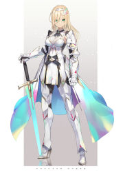 Rule 34 | 1girl, armor, armored boots, armored dress, belt, blonde hair, boots, breasts, commentary request, earrings, english text, gauntlets, gradient background, green eyes, grey background, hair between eyes, high heels, highres, ichijoji kotna, isegawa yasutaka, jewelry, long hair, looking at viewer, medium breasts, original, solo, standing, sword, two-tone background, weapon, white background