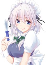 Rule 34 | 1girl, apron, black ribbon, blue dress, blue eyes, blush, bow, braid, breasts, commentary, dress, green bow, green ribbon, hair between eyes, hair bow, hair ribbon, hand up, hisae (hisae collect), holding, holding knife, holding weapon, izayoi sakuya, knife, looking at viewer, maid, maid apron, maid headdress, medium breasts, neck ribbon, pink lips, puffy short sleeves, puffy sleeves, ribbon, shirt, short hair, short sleeves, silver hair, simple background, smile, solo, touhou, twin braids, upper body, waist apron, weapon, white apron, white background, white shirt, wing collar, wrist cuffs