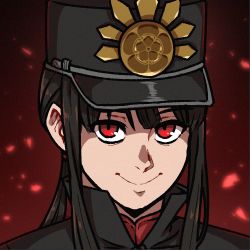 Rule 34 | 1boy, akairiot, black hair, commission, fate/grand order, fate (series), hat, long hair, looking at viewer, oda nobukatsu (fate), portrait, red background, red eyes, shadow, smile, solo