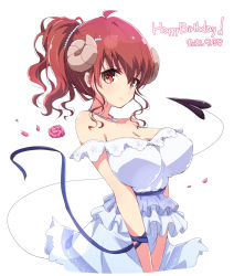 Rule 34 | 1girl, alternate hairstyle, breasts, cleavage, curled horns, dated, demon girl, demon horns, demon tail, dress, happy birthday, highres, horns, large breasts, looking at viewer, machikado mazoku, mel (melty pot), ponytail, red eyes, red hair, short hair, simple background, solo, tail, white background, white dress, yoshida yuuko (machikado mazoku)