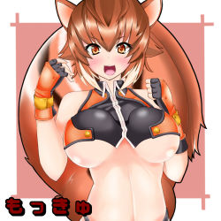 Rule 34 | 1girl, animal ears, arc system works, blazblue, blazblue: continuum shift, blush, breasts, brown eyes, brown hair, fingerless gloves, gloves, large breasts, looking at viewer, makoto nanaya, midriff, mokkyu, revealing clothes, smile, solo, squirrel ears, squirrel tail, tail, underboob