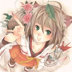Rule 34 | 1girl, :d, animal ears, brown hair, detached sleeves, flower, from above, green eyes, japanese clothes, leaf, leaf on head, open mouth, origami, original, paper crane, papercraft, red rose, rose, round teeth, shabon, smile, solo, standing, tail, teeth