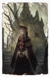 Rule 34 | 1girl, absurdres, bloodborne, building, doll, doll joints, dress, closed eyes, highres, joints, maid, maid headdress, plain doll, stairs, tombstone, tree, branch, white hair, xinuo223