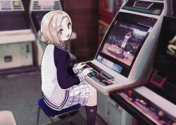 Rule 34 | 1girl, absurdres, arcade cabinet, basketball, blonde hair, commentary request, from behind, highres, indoors, jacket, kneehighs, letterman jacket, long sleeves, looking at viewer, love live!, love live! nijigasaki high school idol club, mia taylor, nijigasaki school uniform, on chair, open mouth, plaid, plaid skirt, playing games, ponchishioriko, purple eyes, purple socks, school uniform, short hair, sitting, skirt, socks, solo, stool, upper body, white jacket, white skirt