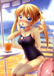 Rule 34 | 1girl, absurdres, bare shoulders, beach, blue eyes, blush, breasts, chair, cleavage, drink, drinking straw, food, hair bobbles, hair ornament, highres, innertube, kagurazaka asuna, licking, licking finger, mahou sensei negima!, nullken, one-piece swimsuit, orange hair, original, popsicle, scan, school swimsuit, sitting, solo, swim ring, swimsuit, twintails