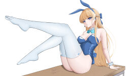Rule 34 | 1girl, absurdres, animal ears, aqua bow, aqua bowtie, arm support, bare shoulders, blonde hair, blue archive, blue eyes, blue hairband, blue leotard, bow, bowtie, braid, breasts, danz, desk, detached collar, earpiece, earrings, fake animal ears, full body, hairband, highres, jewelry, legs up, leotard, long hair, looking at viewer, medium breasts, microphone, multicolored hair, no halo, no shoes, on desk, parted lips, playboy bunny, rabbit ears, signature, simple background, sitting, solo, straight hair, streaked hair, stud earrings, thighhighs, thighs, toki (blue archive), toki (bunny) (blue archive), very long hair, white background, white thighhighs, wrist cuffs