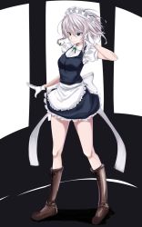 Rule 34 | 1girl, apron, bad id, bad twitter id, black footwear, blue dress, blue eyes, boots, bow, braid, closed mouth, collared shirt, commentary, cross-laced footwear, dress, frilled apron, frills, full body, gloves, green ribbon, hair ribbon, highres, izayoi sakuya, lace-up boots, large bow, legs, looking to the side, maid, maid headdress, medium hair, momendoufu, neck ribbon, pinafore dress, puffy short sleeves, puffy sleeves, ribbon, shirt, short dress, short sleeves, silver hair, sleeveless dress, smile, solo, standing, symbol-only commentary, touhou, twin braids, waist apron, white apron, white bow, white gloves, white shirt