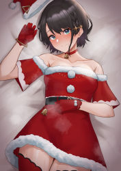 Rule 34 | 1girl, aqua eyes, bare shoulders, bed sheet, bell, belt, black hair, blush, braid, breasts, clenched hands, closed mouth, collarbone, detached sleeves, dress, emoto shikeko, from above, fur-trimmed dress, fur-trimmed headwear, fur-trimmed sleeves, fur trim, gloves, hair ornament, hairclip, hand on own stomach, hat, highres, hololive, looking at viewer, lying, medium breasts, neck bell, on back, on bed, oozora subaru, red gloves, red thighhighs, santa costume, santa hat, short hair, short sleeves, solo, steam, steaming body, sweat, swept bangs, thighhighs, unworn hat, unworn headwear, virtual youtuber
