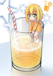 Rule 34 | 1girl, ahoge, artist request, between legs, blonde hair, blush stickers, child, cup, dress, drink, drinking glass, drinking straw, female focus, full body, glass, green eyes, highres, hood, ice, ice cube, juice, long sleeves, mini person, minigirl, orange dress, orange juice, original, short dress, short hair, simple background, sitting, smile, socks, solo, star (symbol), white socks