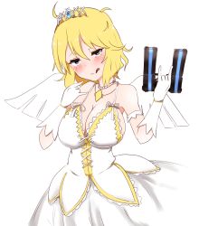 Rule 34 | 10s, 1girl, bare shoulders, blonde hair, breasts, cleavage, dress, elbow gloves, female focus, gloves, gun, handgun, heterochromia, jewelry, large breasts, licking lips, looking at viewer, necklace, pendant, ryouna (senran kagura), senran kagura, senran kagura shinovi versus, sideboob, sleeveless, sleeveless dress, solo, takorice, tiara, tongue, tongue out, weapon, white dress, white gloves, white wings, wings