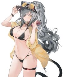 Rule 34 | 1girl, adjusting clothes, adjusting headwear, animal ear fluff, animal ears, arknights, bikini, black bikini, black hat, blush, breasts, cameltoe, can, cat ears, cat girl, cat tail, choker, cleavage, commentary, covered erect nipples, cowboy shot, eyes visible through hair, eyewear on head, grey hair, hair over one eye, hand on headwear, hat, highres, holding, holding can, jacket, large breasts, linea alba, long hair, looking at viewer, midriff, mikozin, mole, mole on stomach, navel, open clothes, open jacket, pendant choker, ponytail, red choker, schwarz (arknights), see-through, simple background, skindentation, solo, strap gap, sunglasses, swimsuit, tail, thigh strap, very long hair, visor cap, white background, wristband, yellow jacket