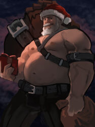 Rule 34 | 1boy, absurdres, arm belt, bara, beard, belt, big belly, cam (camspoe), chest harness, christmas, facial hair, fat, fat man, feet out of frame, full beard, gift, harness, hat, highres, holding, holding gift, large pectorals, looking at viewer, male focus, mature male, muscular, muscular male, old, old man, original, pectorals, red hat, santa costume, santa hat, short hair, solo, standing, thick beard, thick eyebrows, thick mustache, veins, veiny arms, white hair