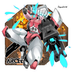 Rule 34 | 1girl, arcee, autobot, blue eyes, character name, dual wielding, explosion, firing, high heels, holding, looking at viewer, mecha, no humans, open mouth, robot, science fiction, sergeantctrln, solo, transformers