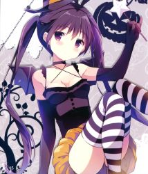 Rule 34 | 1girl, absurdres, arm support, arm up, bare shoulders, black eyes, black gloves, black hair, black hat, black shirt, black wings, blush, breasts, choker, cleavage, collarbone, demon wings, elbow gloves, gloves, gochuumon wa usagi desu ka?, hairband, halloween, halloween costume, hat, head tilt, highres, holding, long hair, looking at viewer, orange shorts, purple eyes, purple hair, ribbon, shiratama (shiratamaco), shirt, shorts, sitting, sleeveless, sleeveless shirt, small breasts, solo, star (symbol), striped clothes, striped thighhighs, tedeza rize, thighhighs, twintails, very long hair, wand, wings, witch hat