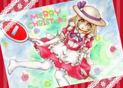 Rule 34 | 1girl, :d, alternate color, apron, blonde hair, bowler hat, christmas, collared shirt, dress, dutch angle, elbow gloves, eye contact, eyes visible through hair, facing viewer, frilled dress, frills, gloves, hair between eyes, hat, hat ribbon, highres, io (maryann blue), kana anaberal, lace, looking at another, looking at viewer, maid apron, merry christmas, no shoes, open mouth, painting (medium), pantyhose, puffy short sleeves, puffy sleeves, purple ribbon, red dress, ribbon, road sign, shirt, short hair, short sleeves, sign, sitting, smile, solo, spread legs, tongue, touhou, touhou (pc-98), traditional media, waist apron, watercolor (medium), white gloves, white hat, white pantyhose, yellow eyes