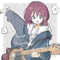 Rule 34 | 1girl, arm up, blue eyes, blue jacket, commentary, electric guitar, fur-trimmed jacket, fur trim, girls band cry, guitar, holding, holding guitar, holding instrument, instrument, iseri nina, jacket, looking at viewer, musical note, open mouth, purple hair, shirt, short twintails, smile, solo, spoken musical note, twintails, upper body, white shirt, yurisaki929