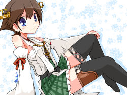 Rule 34 | 1girl, black thighhighs, blue eyes, boots, brown hair, detached sleeves, feet out of frame, flipped hair, floral background, frilled skirt, frills, green skirt, hairband, headgear, hiei (kancolle), japanese clothes, kanoe soushi, kantai collection, looking at viewer, no legwear, nontraditional miko, plaid, plaid skirt, pleated skirt, ribbon-trimmed sleeves, ribbon trim, short hair, sitting, skirt, solo, thigh boots, thighhighs, twitter username, white background