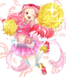 Rule 34 | 10s, ;d, absurdres, cheerleader, cone hair bun, cure yell, earrings, full body, hair bun, heart, highres, hugtto! precure, jewelry, long hair, looking at viewer, magical girl, navel, nono hana, one eye closed, open mouth, pink hair, pom pom (cheerleading), precure, shinonome mozuku, smile, solo, sparkle, thighhighs, white thighhighs