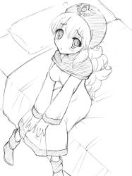Rule 34 | 1girl, bed, blush, breasts, commentary request, curly hair, dragon quest, dragon quest ii, dress, emblem, graphite (medium), greyscale, hat, hood, hood up, kichijou agata, long hair, looking at viewer, medium breasts, monochrome, princess, princess of moonbrook, robe, solo, traditional media, white dress, white robe