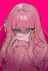 Rule 34 | 1girl, blue eyes, bocchi the rock!, covering own mouth, dasui191023, gotoh hitori, hair between eyes, hair ornament, hand over own mouth, highres, jacket, jumpsuit, long hair, pink background, pink hair, pink jacket, pink jumpsuit, portrait, simple background, sketch, sweat, upper body, worried