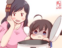 Rule 34 | 10s, 2girls, :3, ahoge, alternate costume, black hair, blush, breasts, commentary request, dated, headgear, holding, kanon (kurogane knights), kantai collection, large breasts, long hair, multiple girls, rice cooker, shigure (kancolle), signature, sweatdrop, yamashiro (kancolle), aged down