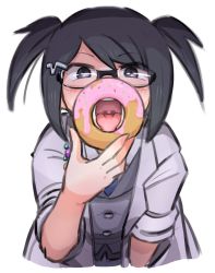 Rule 34 | 1girl, black eyes, black hair, blush, doughnut, food, glasses, highres, lab coat, looking at viewer, open mouth, oral invitation, original, sexually suggestive, short twintails, simple background, sleeves rolled up, solo, teeth, tongue, twintails, uvula, white background
