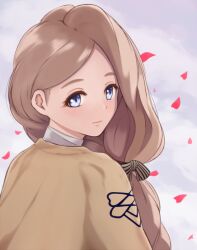 Rule 34 | 1girl, asairosora, asymmetrical hair, blue eyes, blush, bow, brown hair, closed mouth, female focus, fire emblem, fire emblem: three houses, from behind, hair bow, light blush, long hair, looking at viewer, looking back, mercedes von martritz, parted bangs, petals, solo, striped, striped bow, upper body, yellow cloak