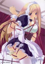 Rule 34 | 1girl, apron, ass, bdsm, black dress, blonde hair, blue eyes, blush, bondage, bound, breasts, brown hair, ceiling, covered erect nipples, curtains, dress, from behind, gift, highres, iizuki tasuku, large breasts, long hair, looking at viewer, looking back, maid, maid apron, maid headdress, mouth hold, note, panties, panty pull, pink panties, ribbon, short sleeves, solo, sweat, thighhighs, underwear, very long hair, white thighhighs, window, wrist cuffs