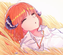 Rule 34 | 1girl, arknights, bagpipe (arknights), closed eyes, commentary request, expressionless, highres, horns, id card, lips, long hair, lying, mai oreki, on back, orange hair, shirt, sleeping, solo, upper body, wheat field, white shirt