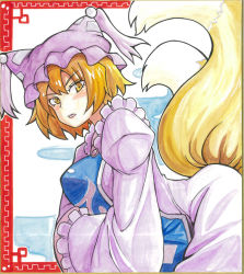 Rule 34 | 1girl, bent over, blonde hair, blush, breasts, fox tail, hands in opposite sleeves, hat, large breasts, multiple tails, painting (medium), shikishi, short hair, solo, tabard, tail, touhou, traditional media, watercolor (medium), yagami (mukage), yakumo ran, yellow eyes