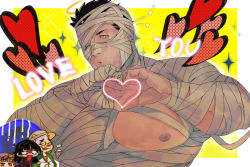 Rule 34 | &gt; o, 1boy, :o, alice (housamo), annotated, bandages, bara, bare pectorals, black hair, blackcatlandr, border, chinese commentary, commentary request, covered erect nipples, english text, facial hair, halloween costume, halo, heart, heart hands, highres, large pectorals, looking at viewer, male focus, protagonist 2 (housamo), mummy costume, muscular, muscular male, naked bandage, nipples, official alternate costume, one eye closed, outside border, pectorals, short hair, stubble, tokyo houkago summoners, upper body, volos (housamo), white border, yellow background, yellow eyes, zabaniyya (halloween) (housamo), zabaniyya (housamo)