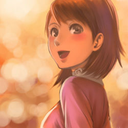 Rule 34 | 1girl, atlus, blurry, blush, bokeh, breasts, brown eyes, brown hair, depth of field, face, female focus, gradient background, lowres, o223, open mouth, persona, persona 3, smile, solo, takeba yukari