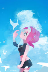 Rule 34 | 1girl, absurdres, agent 8 (splatoon), aqua background, bare arms, bare shoulders, bird, black footwear, black skirt, boots, closed mouth, from side, frown, full body, hand on own arm, high heel boots, high heels, highres, iguana152588, long hair, looking at viewer, miniskirt, nintendo, octoling, octoling girl, octoling player character, orange eyes, red hair, simple background, skirt, sky, sleeveless, solo, splatoon (series), splatoon 2, splatoon 2: octo expansion, standing, suction cups, tentacle hair