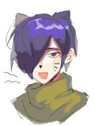 Rule 34 | 1boy, aiba ibuki, animal ears, beiquqian, cat boy, cat ears, chinese commentary, commentary request, green sweater, hair over one eye, highres, kemonomimi mode, male focus, open mouth, portrait, purple eyes, purple hair, saibou shinkyoku, sanpaku, short hair, simple background, smile, solo, sweater, turtleneck, turtleneck sweater, white background