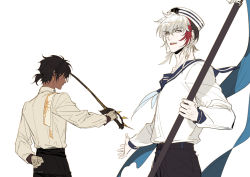 Rule 34 | 2boys, arknights, arm behind back, black hair, black pants, blue neckerchief, blue sailor collar, chinese commentary, closed mouth, collared shirt, commentary request, cowboy shot, dark-skinned male, dark skin, earclip, earrings, elysium (arknights), flag, gloves, holding, holding flag, holding sword, holding weapon, jewelry, long sleeves, looking at viewer, looking back, male focus, multicolored hair, multiple boys, neckerchief, pants, parted lips, profile, red hair, sailor collar, school uniform, serafuku, shirt, shirt tucked in, short hair, short ponytail, streaked hair, sword, thorns (arknights), weapon, white gloves, white hair, white shirt, xiandao1213