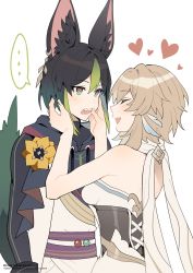 Rule 34 | ..., 1boy, 1girl, absurdres, animal ear fluff, animal ears, black hair, blonde hair, breasts, dress, earrings, fang, feather hair ornament, feathers, flower, fox boy, fox ears, fox tail, genshin impact, green eyes, green hair, green tail, hair flower, hair ornament, highres, hood, hoodie, jewelry, long sleeves, looking at another, lumine (genshin impact), medium breasts, multicolored hair, quinny il, scarf, short hair with long locks, single earring, sleeveless, sleeveless dress, streaked hair, tail, tighnari (genshin impact), white dress, white scarf, yellow flower
