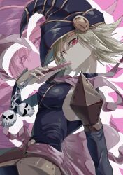 Rule 34 | 1girl, blonde hair, breasts, cellphone, cellphone charm, cellphone strap, chain, charm (object), detached sleeves, duel monster, gagaga girl, gloves, hat, highres, looking at viewer, phone, red eyes, skull, solo, wizard hat, you v kihu, yu-gi-oh!
