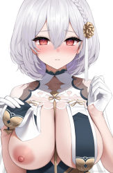 Rule 34 | 1girl, areola slip, artist name, azur lane, between breasts, blush, braid, breast curtains, breasts, cleavage, closed mouth, clothes lift, flower, gloves, hair flower, hair ornament, kohanayuki, large breasts, lifting own clothes, looking at viewer, nipple slip, nipples, nose blush, official alternate costume, red eyes, short hair, silver hair, simple background, sirius (azure horizons) (azur lane), sleeveless, solo, twitter username, upper body, white background, white gloves