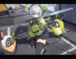 Rule 34 | 1girl, absurdres, anby demara, backpack, bag, black gloves, black skirt, black thighhighs, boots, closed mouth, clothing cutout, commentary, electricity, fingerless gloves, full body, glaring, gloves, green eyes, green jacket, grey hair, headgear, highres, holding, holding sword, holding weapon, jacket, kneeling, lightning, looking at viewer, mascot, motor vehicle, parking lot, print thighhighs, red eyes, ryou (ponpgo), shoulder cutout, skirt, solo, stuffed animal, stuffed rabbit, stuffed toy, sword, thighhighs, two-tone eyes, weapon, zenless zone zero, zettai ryouiki