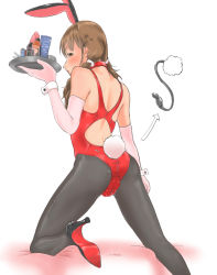 Rule 34 | 1boy, anal tail, animal ears, ass, brown eyes, brown hair, bulge, crossdressing, fake animal ears, fake tail, from behind, high heels, highres, long hair, looking back, male focus, original, pantyhose, playboy bunny, rabbit ears, rabbit tail, shoe soles, solo, t1982, tail, trap