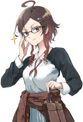 Rule 34 | 1girl, adjusting eyewear, ahoge, breasts, brown hair, clothes around waist, commentary request, commission, glasses, hair ornament, hairclip, indie virtual youtuber, jacket, jacket around waist, marker, medium breasts, mojakushi (vtuber), multicolored hair, pageratta, red eyes, skeb commission, smile, solo, sparkle, tool belt, two-tone hair, upper body, virtual youtuber