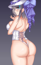 Rule 34 | 1girl, absurdres, artist request, ass, azur lane, bare shoulders, blue eyes, blue hair, blush, bow, breasts, brown hair, butt crack, cheshire (azur lane), cheshire (the cat and the white steed) (azur lane), come hither, corset, from behind, hat, hat bow, highres, huge ass, large breasts, looking at viewer, looking back, multicolored hair, naughty face, official alternate costume, panties, shiny skin, short hair, sideboob, smile, solo, star (symbol), star tattoo, tattoo, thighs, thong, two-tone hair, underwear, white hat, white panties