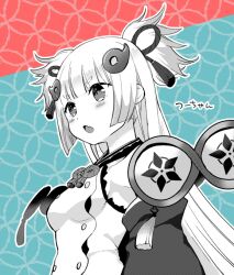 Rule 34 | 1girl, aqua background, blunt bangs, blush, buttons, commentary request, detached sleeves, double-breasted, dress, fang, from side, greyscale with colored background, hair flaps, long hair, magatama hair ornament, monochrome, okanoyuno, open mouth, red background, shippou (pattern), skin fang, sleeveless, sleeveless dress, tassel, tenka hyakken, thick eyebrows, tsuda echizen-no-kami sukehiro, twintails, wide sleeves