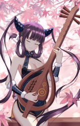 Rule 34 | 1girl, bare shoulders, black dress, blunt bangs, blush, breasts, china dress, chinese clothes, cleavage, closed mouth, commentary request, detached sleeves, dress, fate/grand order, fate (series), flan (f l an), hair ornament, highres, instrument, large breasts, long hair, music, playing instrument, purple hair, sidelocks, smile, solo, twintails, very long hair, yang guifei (fate), yang guifei (second ascension) (fate)